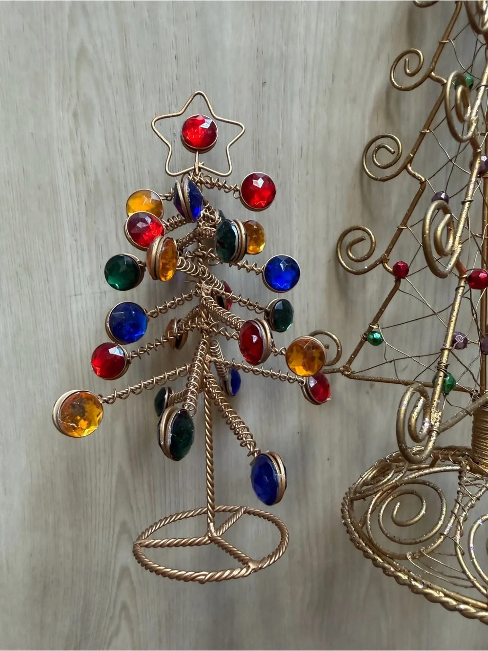 Vintage Metal Spiral Wire Christmas Trees Bead Faux Jewels Table Top Decor